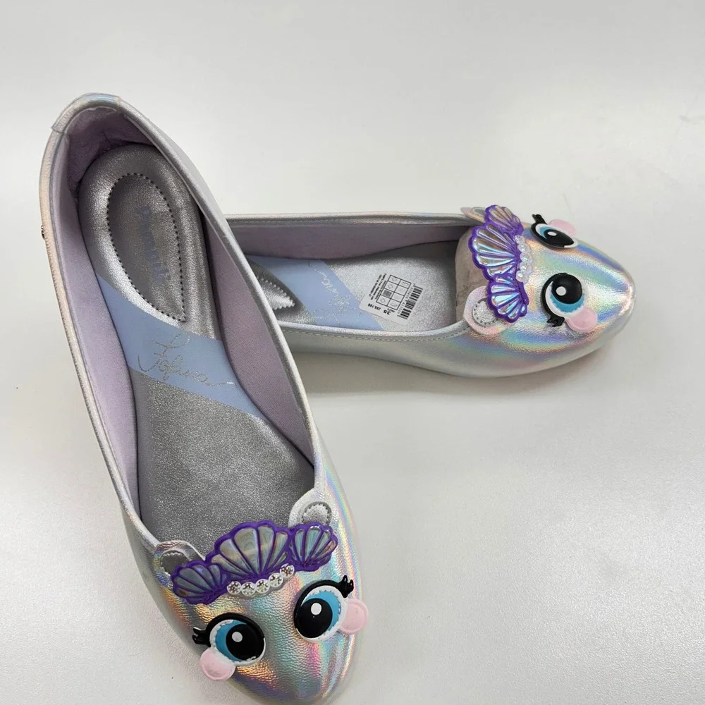 Pampili Fofura Kids Silver Holographic Mermaid Seashell Character Flats Sz 35